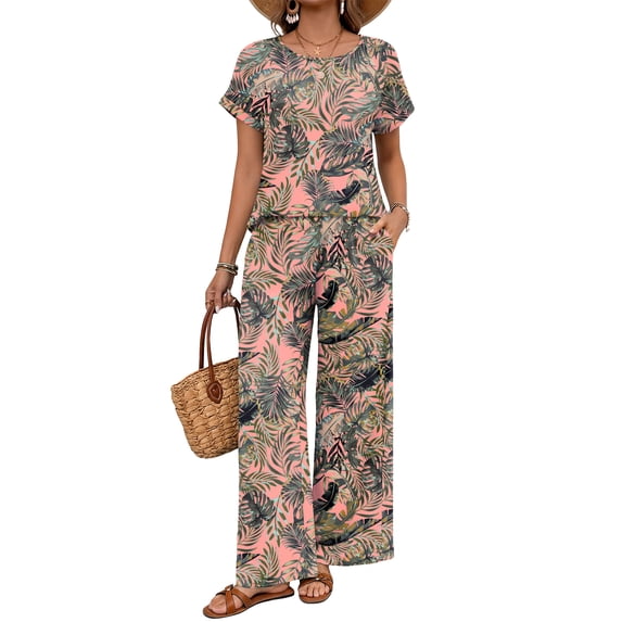 WIHOLL Two Piece Sets for Women Vacation Spring Outfits Summer Casual Trendy Cozy Rolled Short Sleeve Wide Leg Pants Sweatsuit