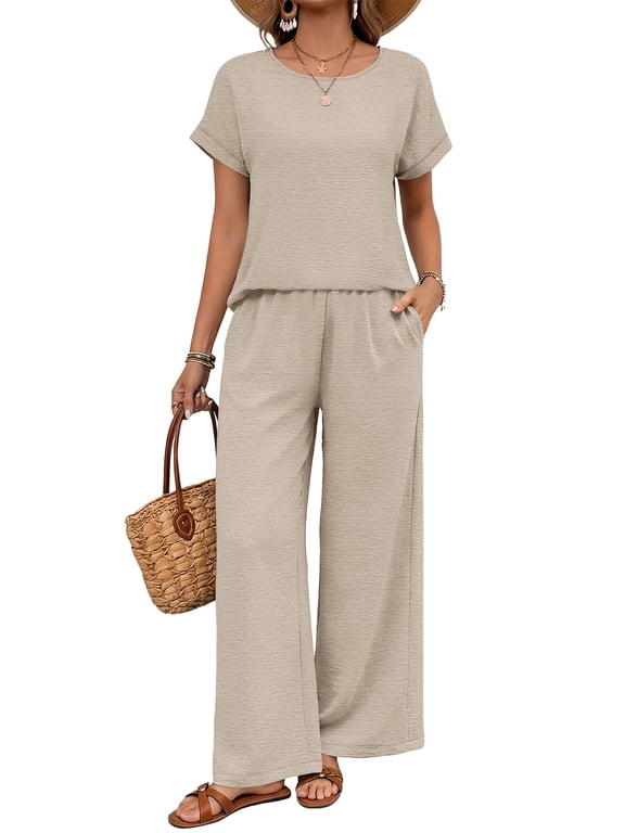 Two Piece Sets for Women Vacation Spring Outfits Summer Casual Trendy Cozy Rolled Short Sleeve Wide Leg Pants Sweatsuit