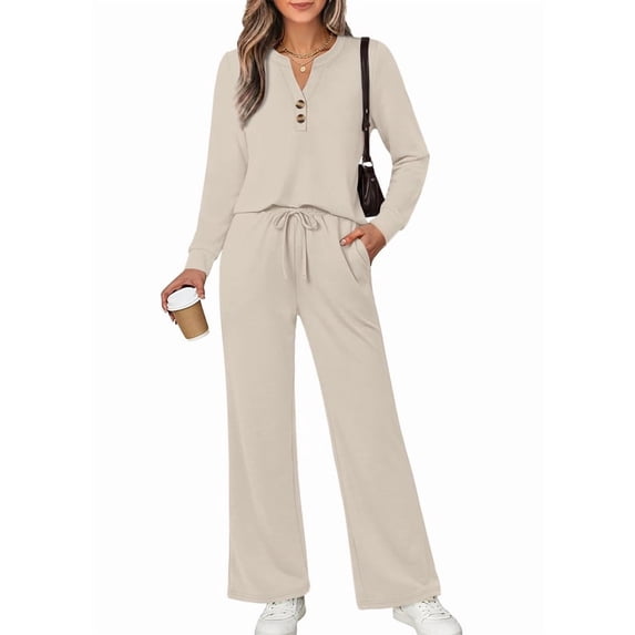 WIHOLL Women 2 Piece Casual Outfits Henley Long Sleeve Top Drawstring Wide Leg Pants Soft Daily Matching Sets With Pockets 2026 Fall Fashion