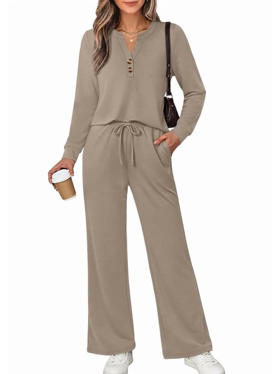 Women 2 Piece Casual Outfits Henley Long Sleeve Top Drawstring Wide Leg Pants Soft Daily Matching Sets With Pockets 2026 Fall Fashion