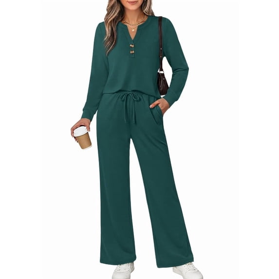 WIHOLL Women 2 Piece Casual Outfits Henley Long Sleeve Top Drawstring Wide Leg Pants Soft Daily Matching Sets With Pockets 2026 Fall Fashion