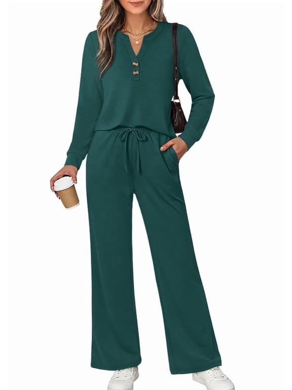 Women 2 Piece Casual Outfits Henley Long Sleeve Top Drawstring Wide Leg Pants Soft Daily Matching Sets With Pockets 2026 Fall Fashion