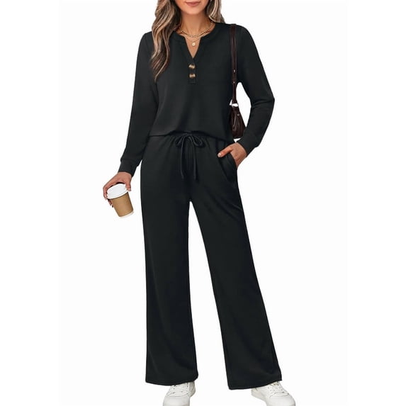 WIHOLL Women 2 Piece Casual Outfits Henley Long Sleeve Top Drawstring Wide Leg Pants Soft Daily Matching Sets With Pockets 2026 Fall Fashion