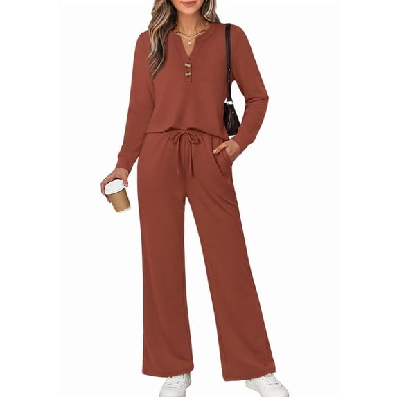WIHOLL Women 2 Piece Casual Outfits Henley Long Sleeve Top Drawstring Wide Leg Pants Soft Daily Matching Sets With Pockets 2026 Fall Fashion