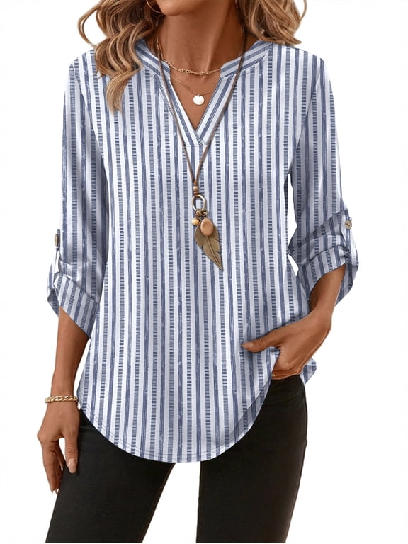 Women Blouses V Neck T Shirts 3/4 Length Sleeve Cuff Tab Buttons Tunic Tops for Business Casual Outfits