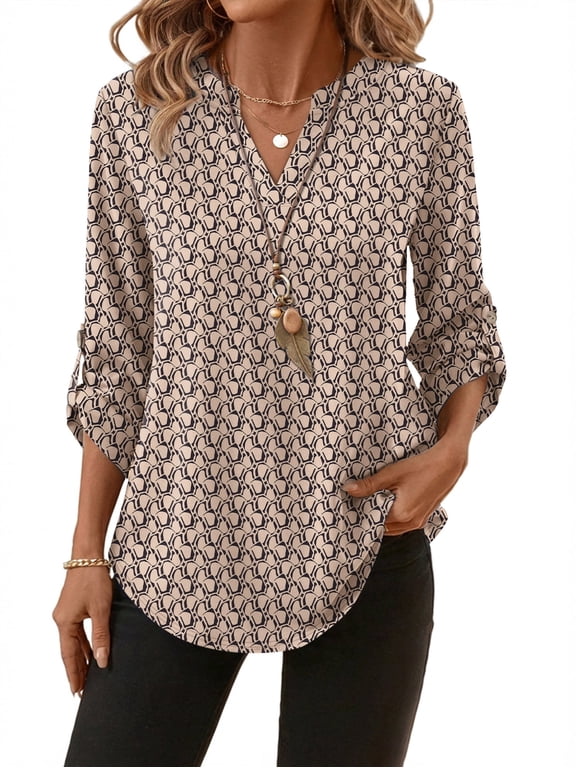 Women Blouses V Neck T Shirts 3/4 Length Sleeve Cuff Tab Buttons Tunic Tops for Business Casual Outfits