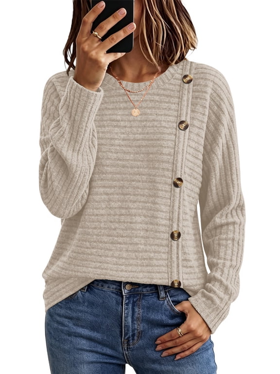 Women Tunic Sweaters Long Sleeve Shirts Crew Neck Fall Fashion Outfits Apricot
