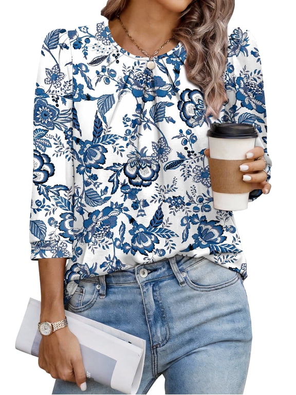 Women's 3/4 Sleeve Tops Dressy Casual Pleated Business Work Blouses Office Shirts