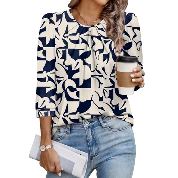 WIHOLL Women's 3/4 Sleeve Tops Dressy Casual Pleated Business Work Blouses Office Shirts