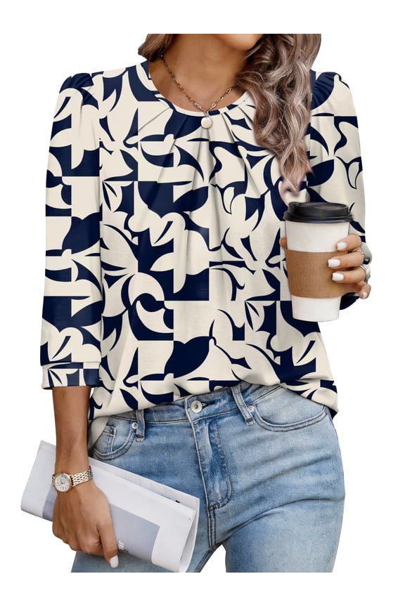 Women's 3/4 Sleeve Tops Dressy Casual Pleated Business Work Blouses Office Shirts