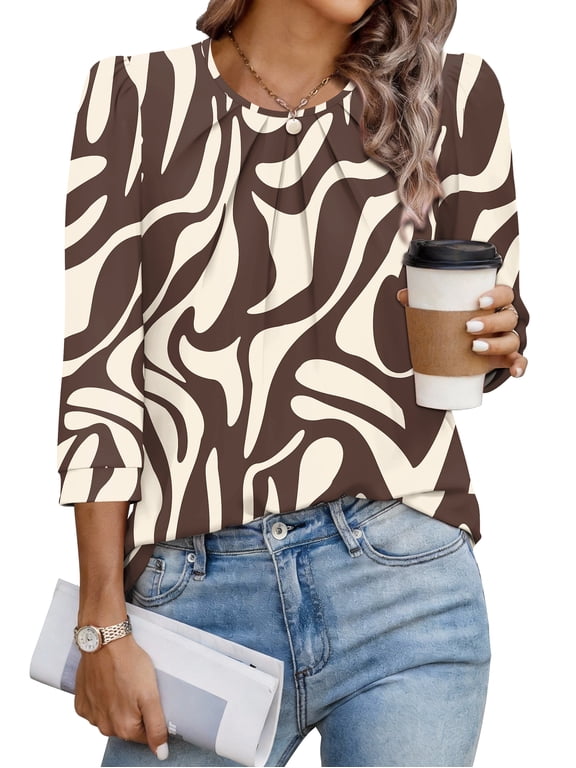 Women's 3/4 Sleeve Tops Dressy Casual Pleated Business Work Blouses Office Shirts