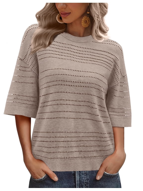 Women’s Blouses Tops Short Sleeve Knit Crochet Sweater Lightweight Pullover Crewneck for Spring Summer