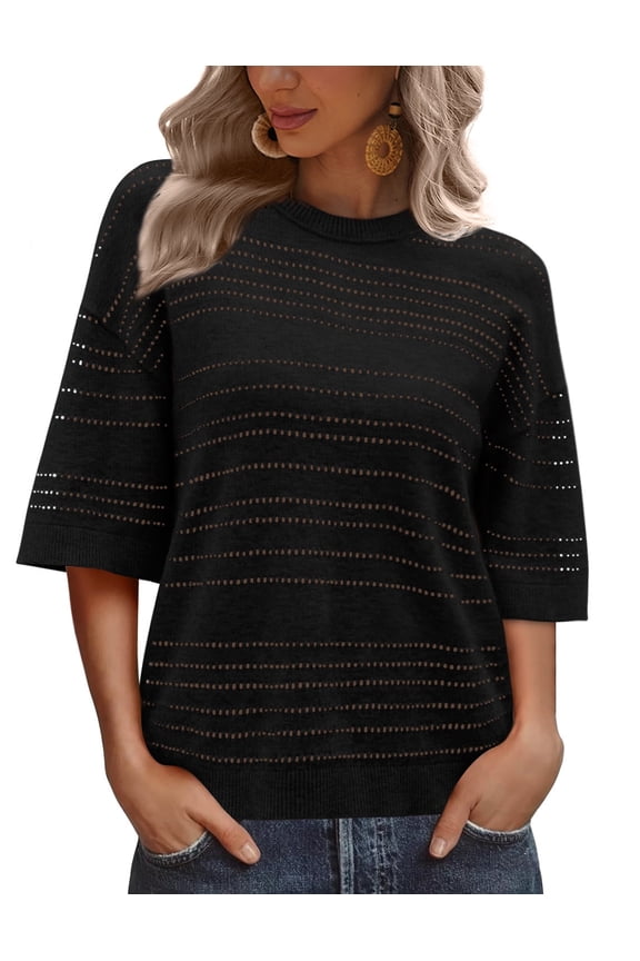 Women’s Blouses Tops Short Sleeve Knit Crochet Sweater Lightweight Pullover Crewneck for Spring Summer