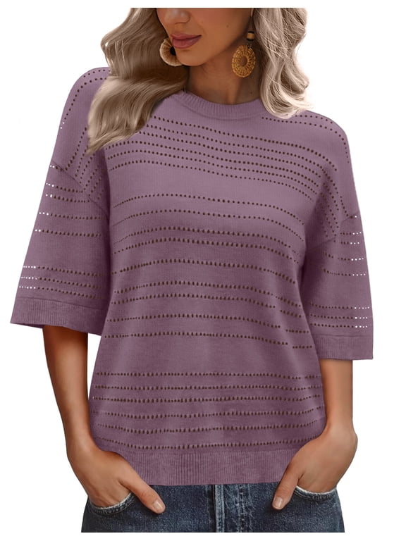 Women’s Blouses Tops Short Sleeve Knit Crochet Sweater Lightweight Pullover Crewneck for Spring Summer