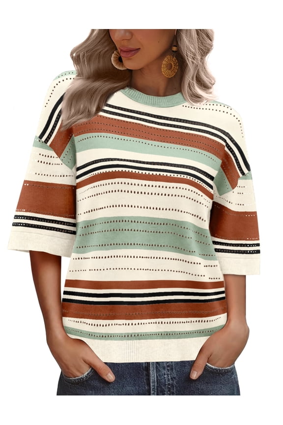 Women’s Blouses Tops Short Sleeve Knit Crochet Sweater Lightweight Pullover Crewneck for Spring Summer