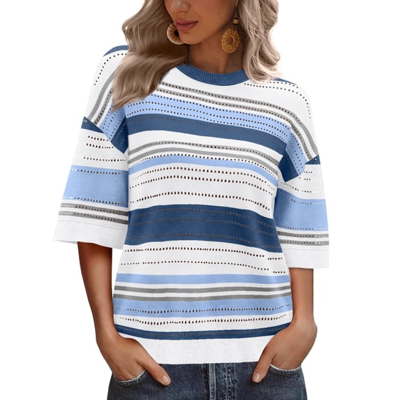 WIHOLL Women’s Blouses Tops Short Sleeve Knit Crochet Sweater Lightweight Pullover Crewneck for Spring Summer