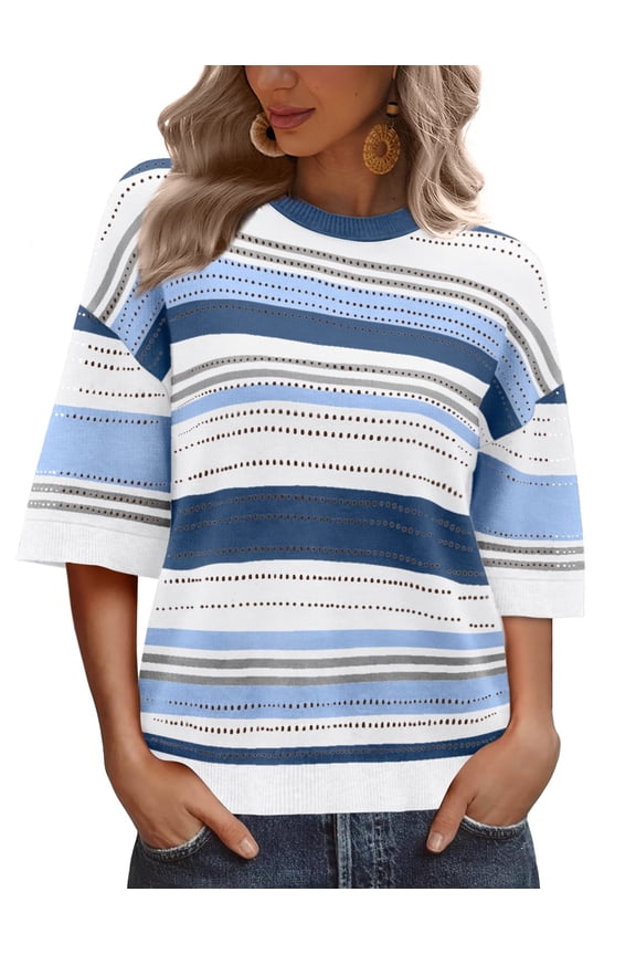 Women’s Blouses Tops Short Sleeve Knit Crochet Sweater Lightweight Pullover Crewneck for Spring Summer