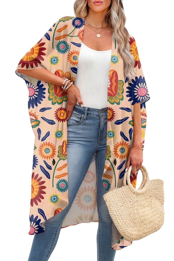 Women's Cover Up Floral Print Kimono Cardigan Loose Casual Blouse Summer Swimsuit Beach