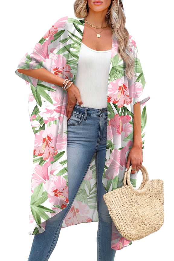 Women's Cover Up Floral Print Kimono Cardigan Loose Casual Blouse Summer Swimsuit Beach