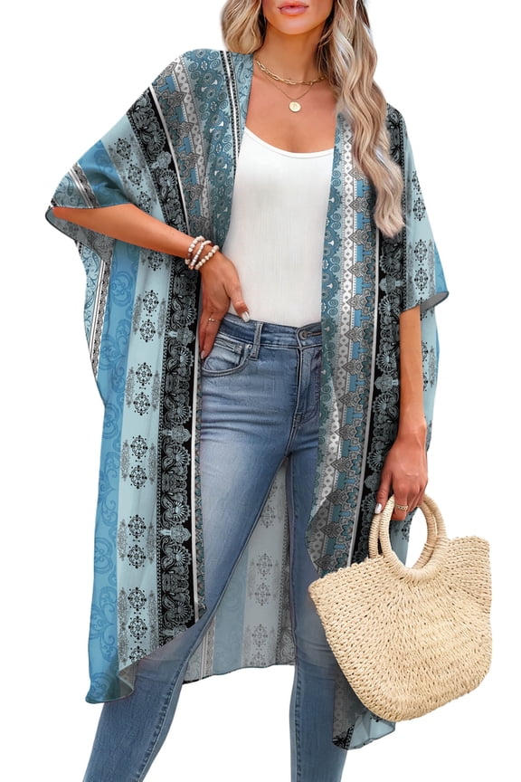 Women's Cover Up Floral Print Kimono Cardigan Loose Casual Blouse Summer Swimsuit Beach