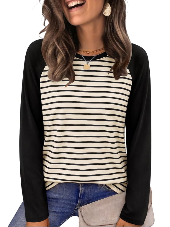 Women's Long Sleeve Shirts Fashion Striped Raglan T-Shirt Casual Loose Fit Crewneck Pullover Top 2026 Fall Sweatshirts for Women
