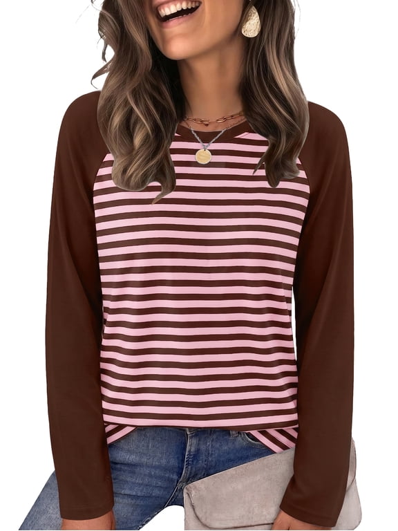 Women's Long Sleeve Shirts Fashion Striped Raglan T-Shirt Casual Loose Fit Crewneck Pullover Top 2026 Fall Sweatshirts for Women