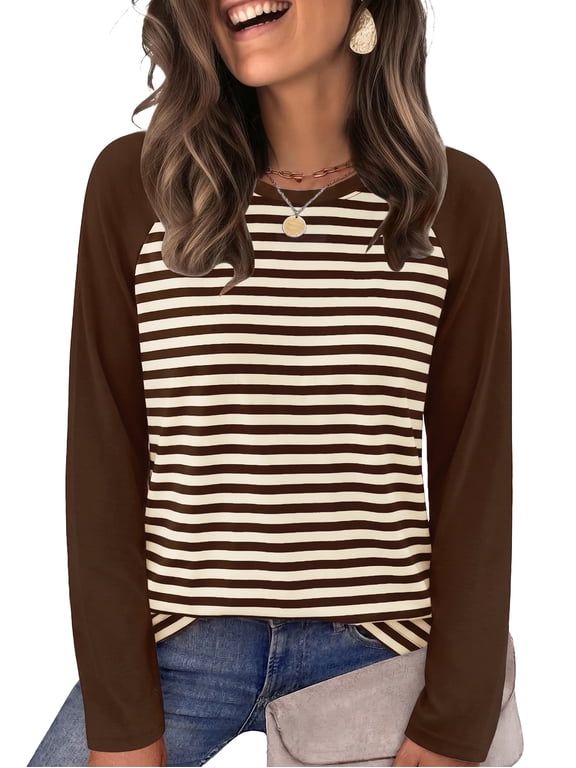 Women's Long Sleeve Shirts Fashion Striped Raglan T-Shirt Casual Loose Fit Crewneck Pullover Top 2026 Fall Sweatshirts for Women