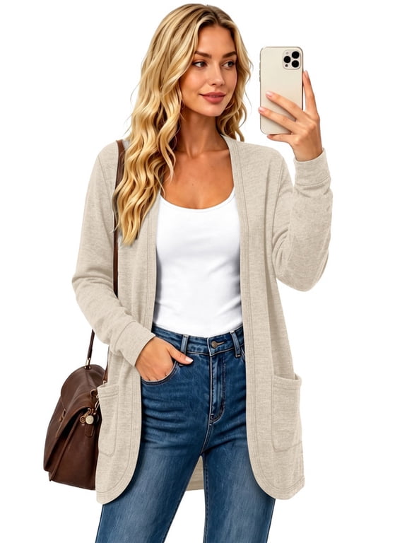 Lightweight Cardigan for Women Long Sleeve Cardigans Fall Casual Open Front Tops with Pockets Beige