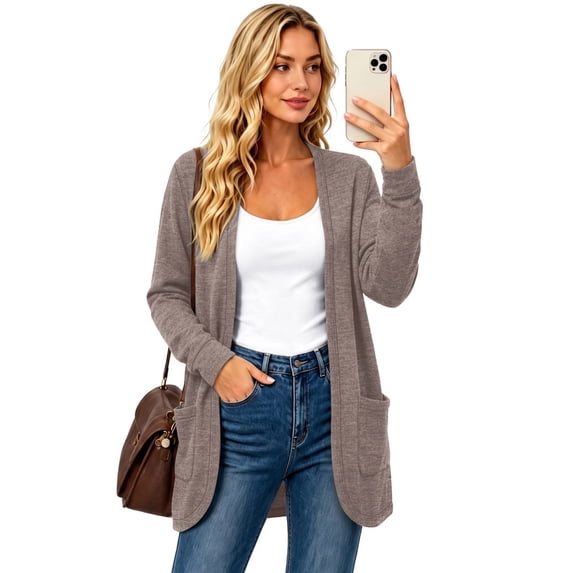 WIHOLL Lightweight Cardigan for Women Long Sleeve Cardigans Fall Casual Open Front Tops with Pockets Coffee