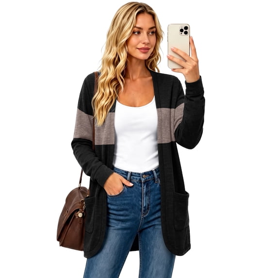 WIHOLL Womens Cardigan Open Front Lightweight Long Sleeve Cardigans Casual Fall Clothes with Pockets Color Block