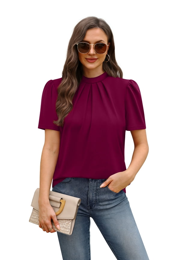 Womens Dressy Business Casual Tops Work Trendy Short Sleeve Shirts Summer Cute Pleated Blouses