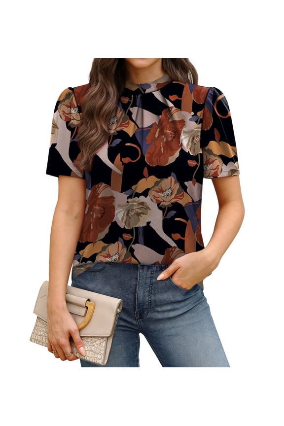 Womens Tops Dressy Casual Spring Summer Short Sleeve Beach Vacation Clothes for Women Business Pleated Blouses