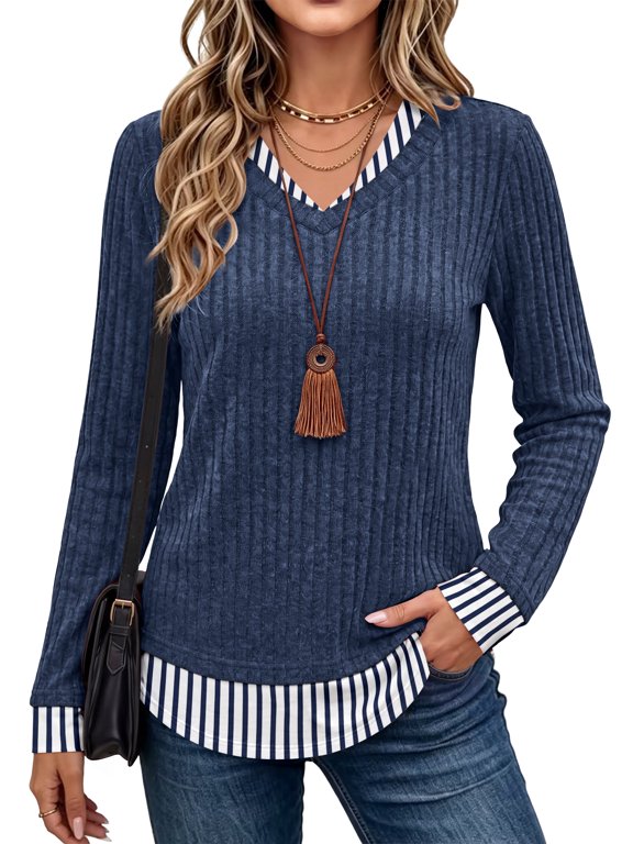 Womens Long Sleeve Shirts Lightweight Tunic Sweaters Fall Tops Striped-Navy