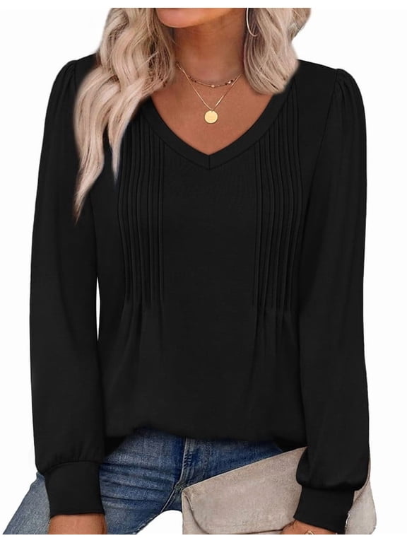 Womens Long Sleeve Shirts Pleated V Neck Curved Hem Fall Winter Tunic Tops Blouses Black Shirts