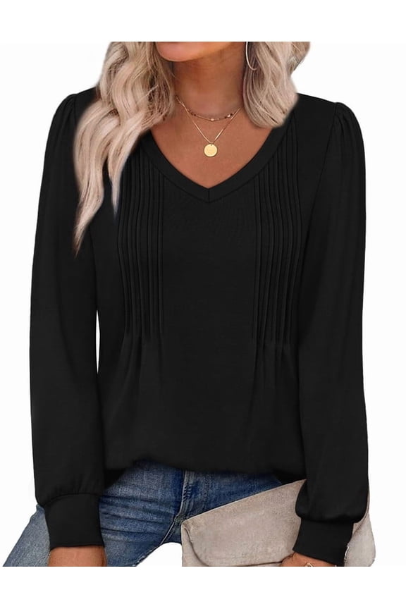 Womens Long Sleeve Shirts Pleated V Neck Curved Hem Fall Winter Tunic Tops Blouses Black Shirts