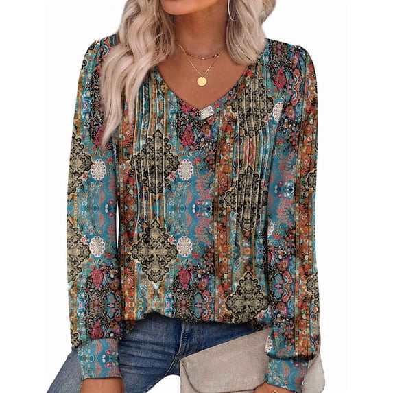 WIHOLL Womens Long Sleeve Shirts Pleated V Neck Curved Hem Fall Winter Tunic Tops Blouses Print