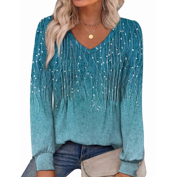 WIHOLL Womens Long Sleeve Shirts Pleated V Neck Curved Hem Fall Winter Tunic Tops Blouses Print