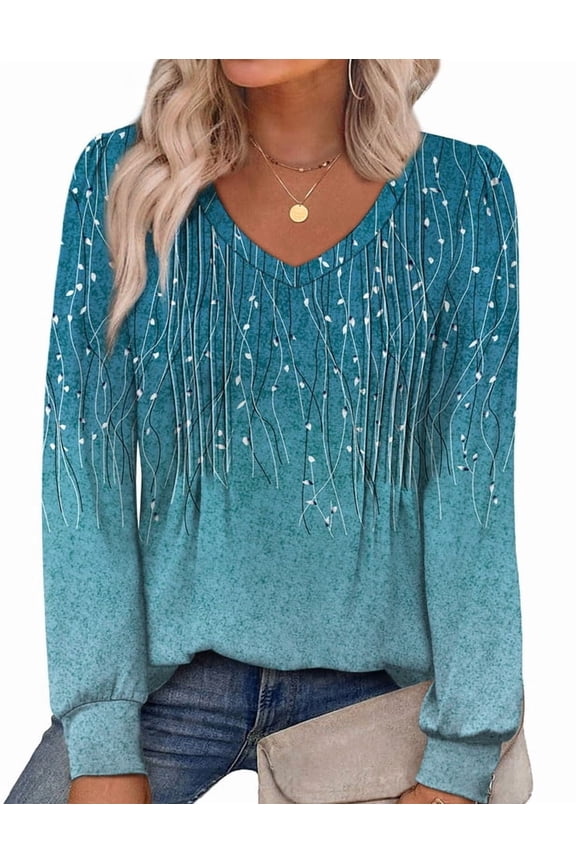 Womens Long Sleeve Shirts Pleated V Neck Curved Hem Fall Winter Tunic Tops Blouses Print