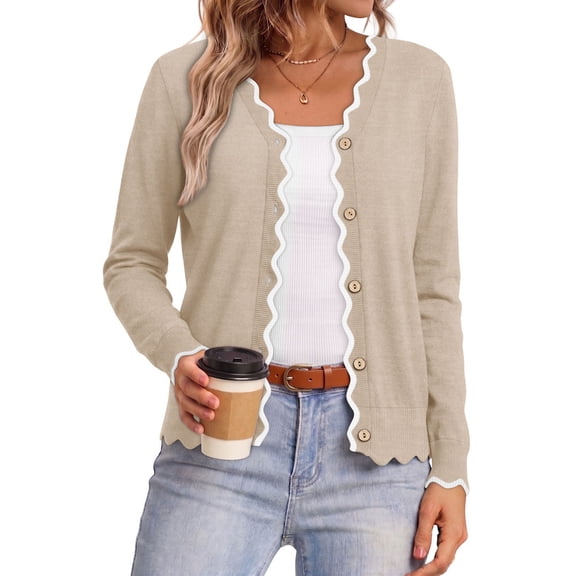 WIHOLL Womens Open Front Cardigan Button Down Long Sleeve Knit Tops Lightweight Casual Sweater Apricot
