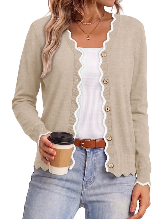 Womens Open Front Cardigan Button Down Long Sleeve Knit Tops Lightweight Casual Sweater Apricot