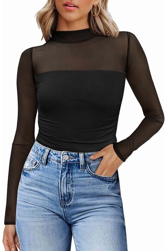 Womens Sexy Mesh Long Sleeve Shirts Fashion Clothing Turtle Necks Sheer Ruched Going Out Tops Fall Outfits Slim Fit Blouses Black Shirts