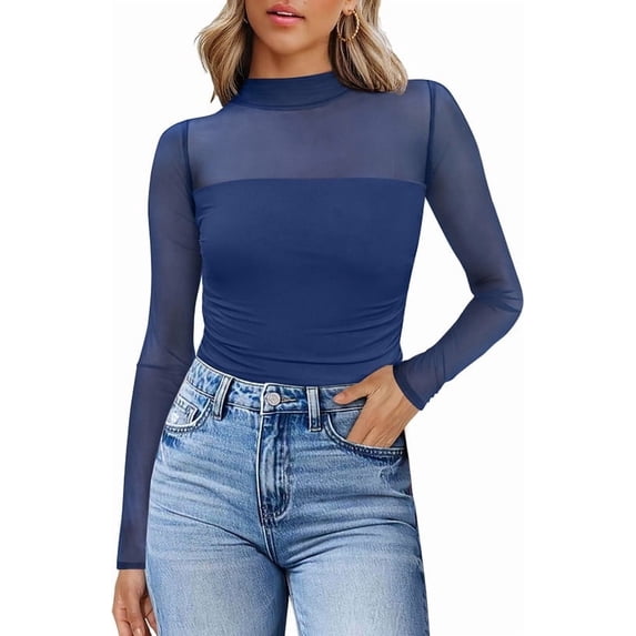 WIHOLL Womens Sexy Mesh Long Sleeve Shirts Fashion Clothing Turtle Necks Sheer Ruched Going Out Tops Fall Outfits Slim Fit Blouses Dark Blue Shirts