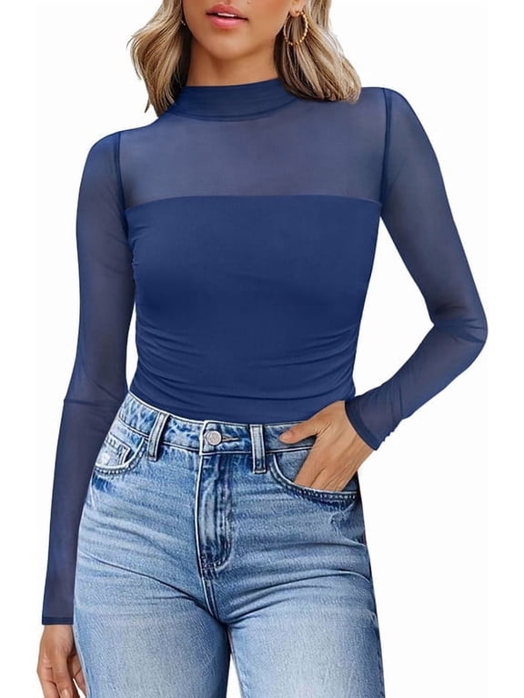 Womens Sexy Mesh Long Sleeve Shirts Fashion Clothing Turtle Necks Sheer Ruched Going Out Tops Fall Outfits Slim Fit Blouses Dark Blue Shirts