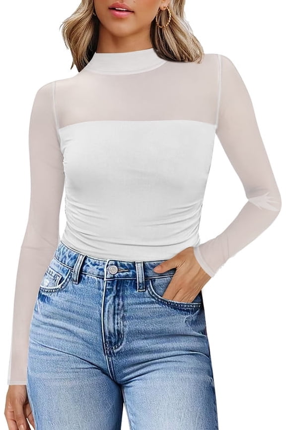 Womens Sexy Mesh Long Sleeve Shirts Fashion Clothing Turtle Necks Sheer Ruched Going Out Tops Fall Outfits Slim Fit Blouses White Shirts
