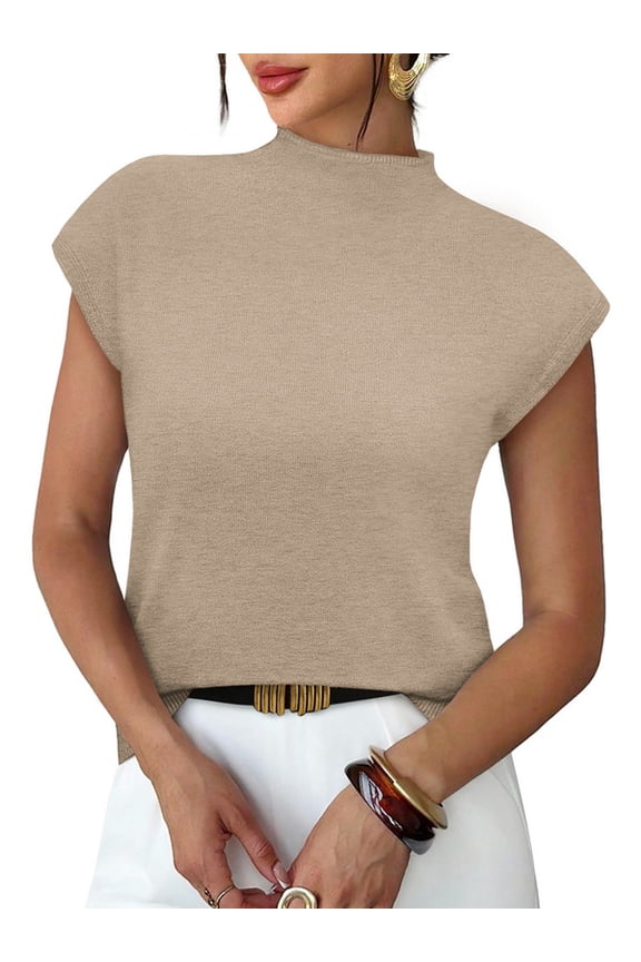 Womens Short Sleeve Sweater Mock Neck Summer Top Dressy Casual Basic Knit Pullover Shirt Beige Tops