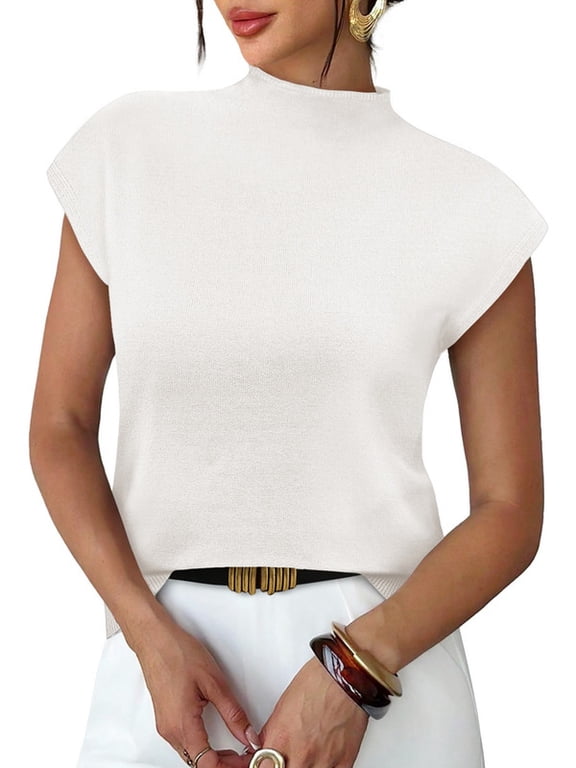 Womens Short Sleeve Sweater Mock Neck Summer Top Dressy Casual Basic Knit Pullover Shirt White Tops
