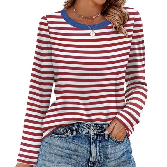 WIHOLL Womens Striped Long Sleeve Shirts Spring Outfits 2026 Striped Tops Fashion Clothing Crewneck Tee Blouses Burgundy