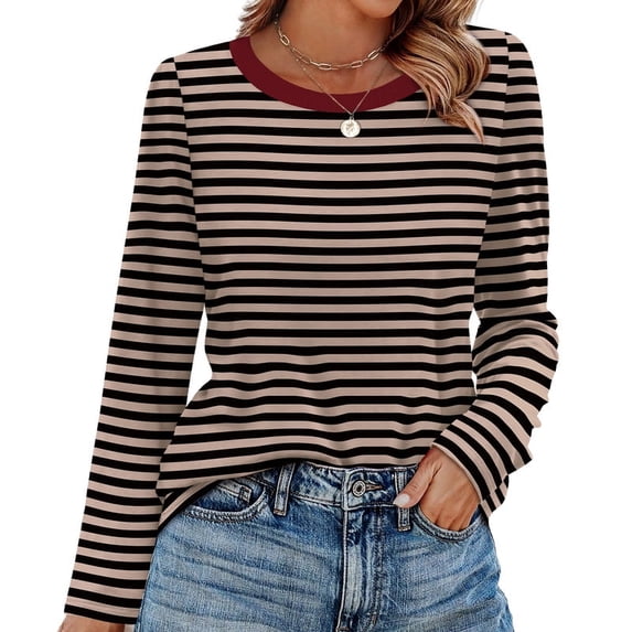WIHOLL Womens Striped Long Sleeve Shirts Spring Outfits 2026 Striped Tops Fashion Clothing Ribbed Crewneck Tee Blouses
