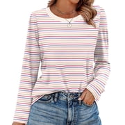 Womens Striped Long Sleeve Shirts Spring Outfits 2026 Striped Tops Fashion Clothing Ribbed Crewneck Tee Blouses deal from Walmart