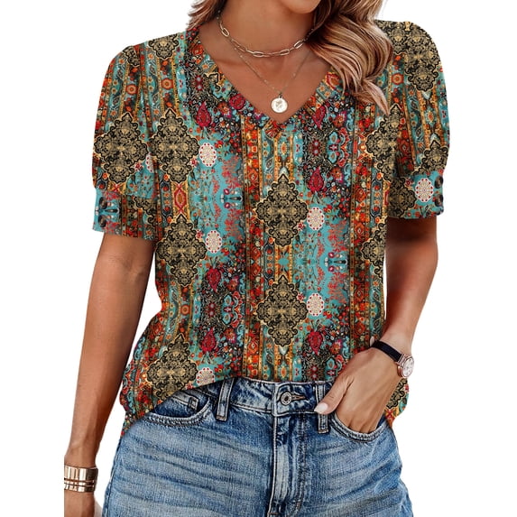 WIHOLL Womens Tops Vneck Puff Sleeve Buttons Summer Ladies Shirts Plus Size Blouses Dressy Casual Spring Outfits